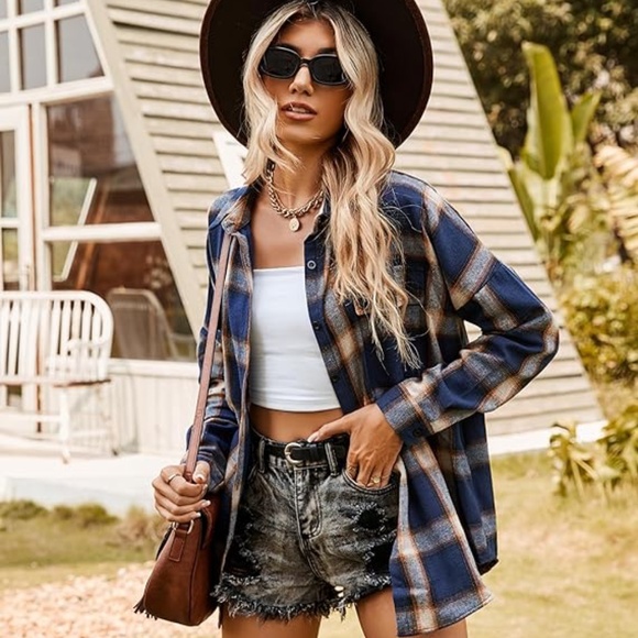 Blooming Jelly Women's Button Down Flannel Shirts Plaid Shacket Long Sleeve Coll - Picture 6 of 7